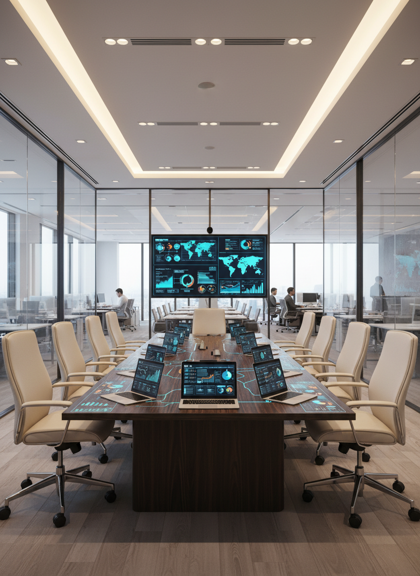 A realistic, high-end boardroom table made of dark, finely grained wood covered with an organized array of open laptops, tablets, and slim touchscreens, all displaying coordinated analytics, automation flows, and AI-generated insights in complementary color palettes. Instead of people, elegant ergonomic chairs are slightly turned toward the displays, implying collaboration. The room features glass walls, a view into a bright, contemporary workspace, and a large wall-mounted display showing a unified business performance overview. Soft, diffused daylight enters from large windows, enhanced by warm recessed ceiling lights, creating balanced illumination without harsh shadows. Captured from a slightly elevated angle with sharp focus throughout, the photograph exudes a sophisticated, strategic atmosphere, emphasizing AI-enabled decision-making and seamless teamwork without resorting to generic stock imagery.