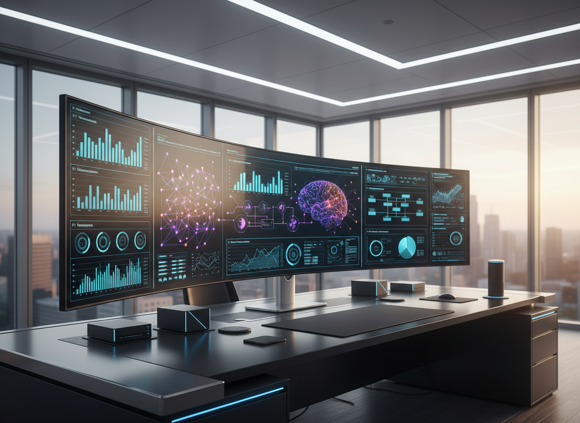 A sophisticated AI command center rendered in photographic realism, featuring a sleek, ultra-wide curved glass display showing complex but readable business dashboards, neural network visualizations, and automation workflows. The screen is mounted on a matte black desk with subtle metallic accents, surrounded by minimal, high-end hardware devices that suggest data processing and robotics without showing people. The environment is a modern corporate office with floor-to-ceiling windows revealing a soft-focus city skyline. Late afternoon natural light mixes with cool white ambient ceiling lighting, creating gentle reflections on the glass and calm, professional shadows. Shot at eye level with a slight angle to emphasize depth, the composition uses the rule of thirds to highlight the screen as the central intelligence hub, conveying control, clarity, and transformative AI power for business.