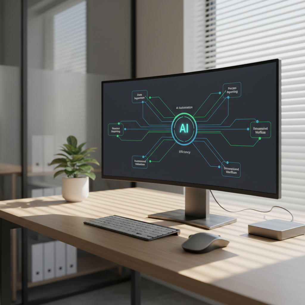 A clean, modern operations desk in a bright office corner, showcasing a single high-resolution monitor displaying an AI automation dashboard, where interconnected nodes represent streamlined business processes and reduced manual tasks. A slim keyboard, a wireless mouse, and a compact docking station sit neatly on a pale oak desktop with a soft matte finish. To one side, a small plant in a simple white ceramic pot adds a touch of organic texture, contrasting with the precise geometric interface on screen. Morning sunlight passes through a nearby window with sheer blinds, casting gentle linear shadows across the desk and subtle highlights along the monitor’s edge. Shot at a three-quarter angle with shallow depth of field, the background of blurred shelves and glass partitions creates a calm, focused mood that suggests ease, efficiency, and frictionless work through AI.